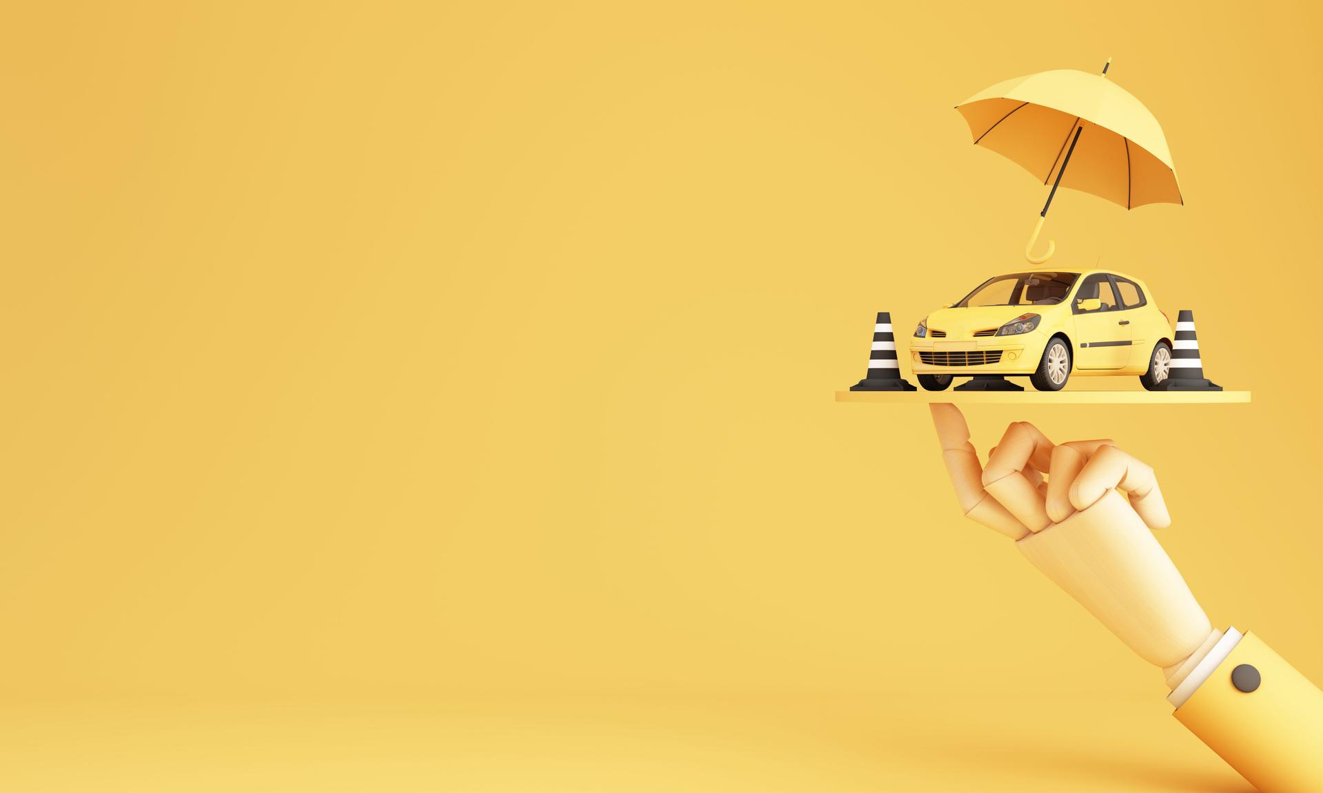 Car protection and safety assurance concept, car insurance web banner design. yellow cars under the umbrella with traffic cone and business hand on yellow background. cartoon realistic 3d rendering